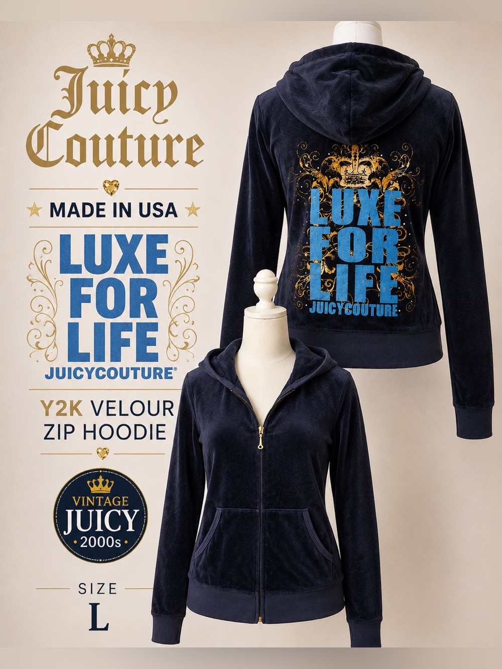 Rare made in USA Juicy Couture Navy Velour Zip Hoodie with Gold & Blue Graphic